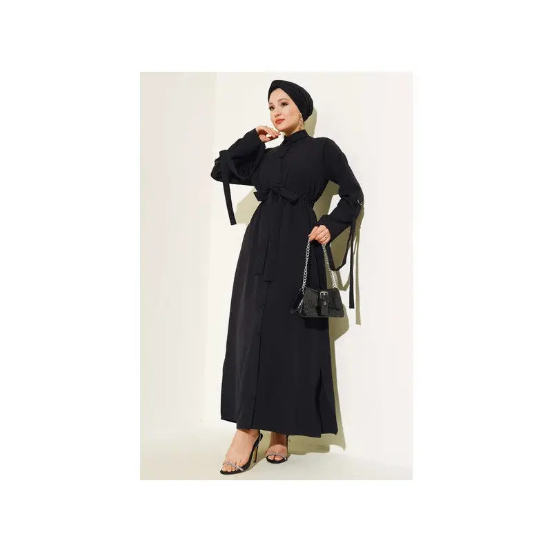 Elastic Waist Self Belted Dress Black