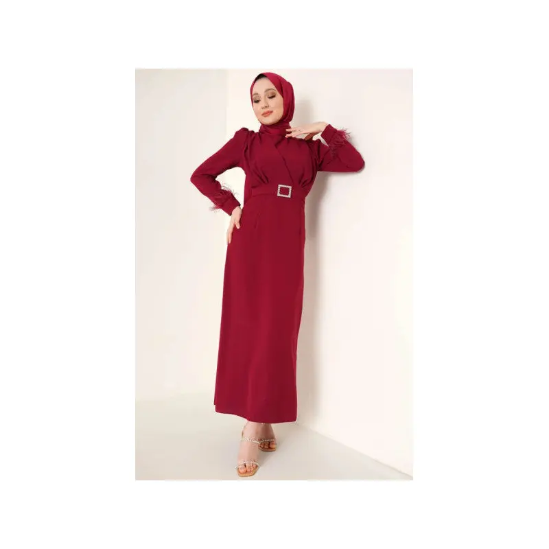 Feathered Sleeve Belted Dress Claret Red