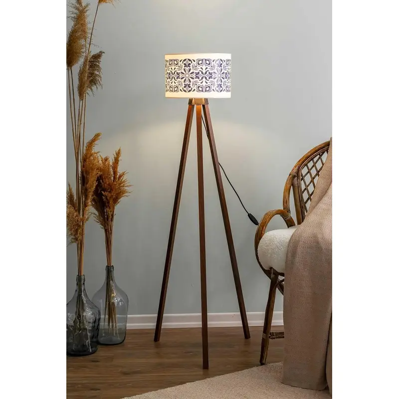 Blue Tile Cylinder Head Wooden Three-Legged Floor Lamp