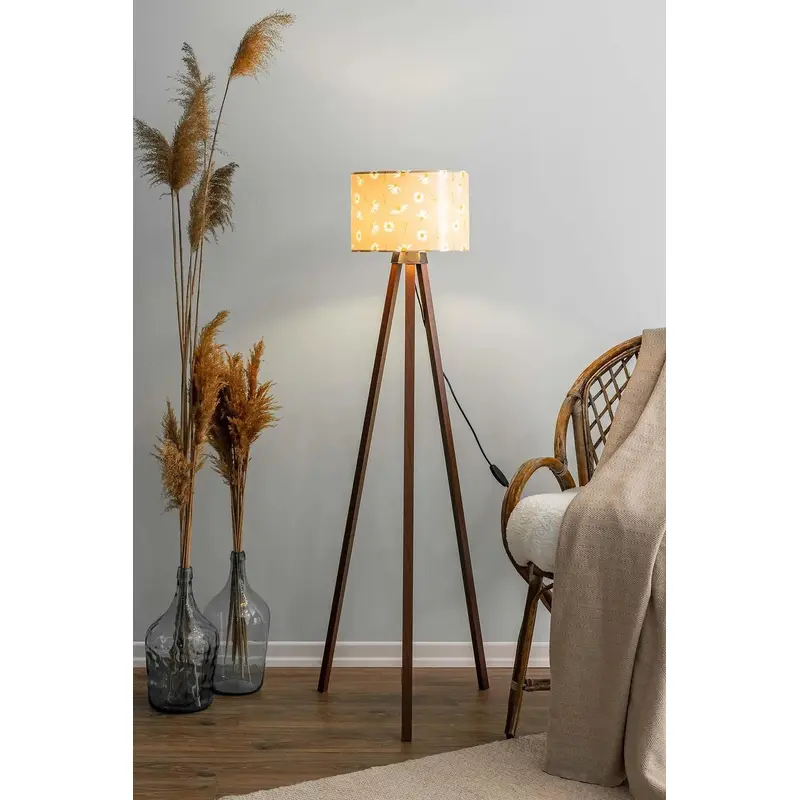 Mink Daisy Cylinder Head Wooden Three-Legged Floor Lamp