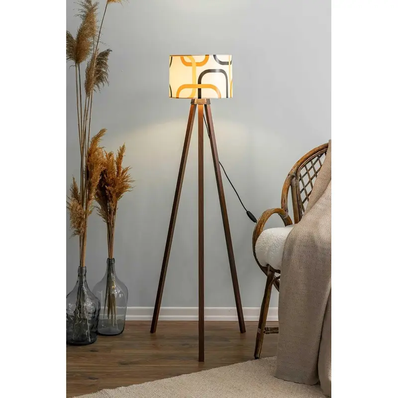 Abstract Cream Cylinder Headboard Wooden Three-Legged Floor Lamp