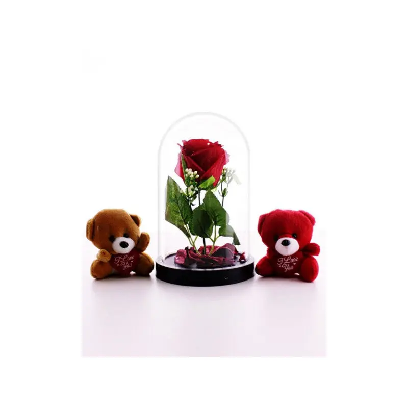 LED Lighted Red Rose in a Bell Jar and 2 Mini Bears Set as a Gift for Lovers 01C