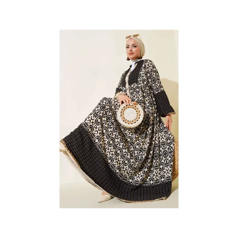 Patterned Half Button Dress Beige