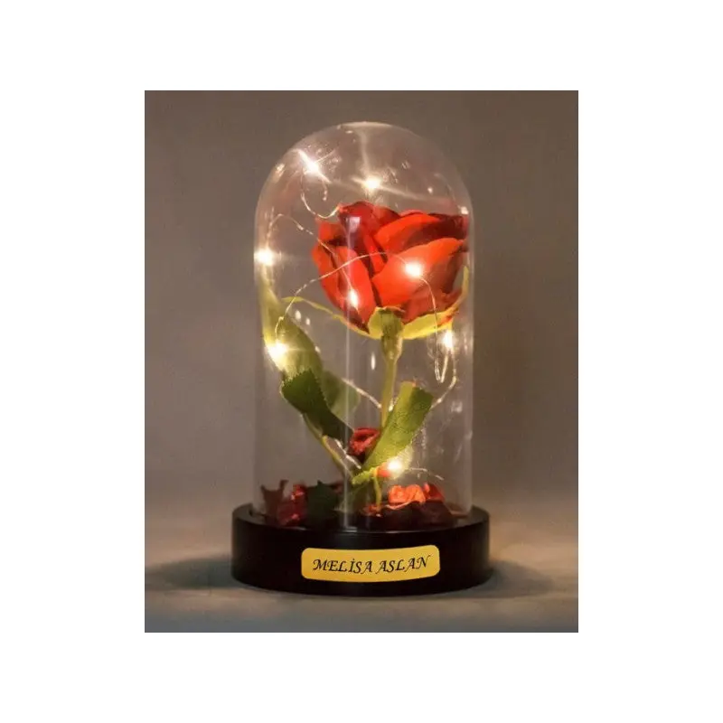 Personalized Valentine's Gift LED Illuminated Bell Jar Red Unfading Rose