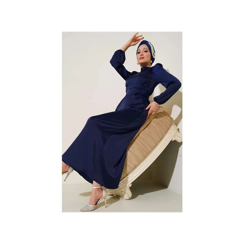 Satin Dress With Side Rope Detail Navy Blue