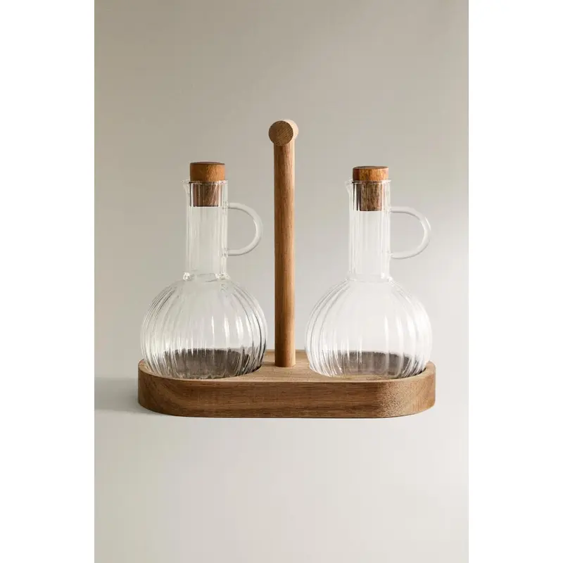 Borosilicate Glass And Wood Vinegar And Oil Bottle Set Of 2