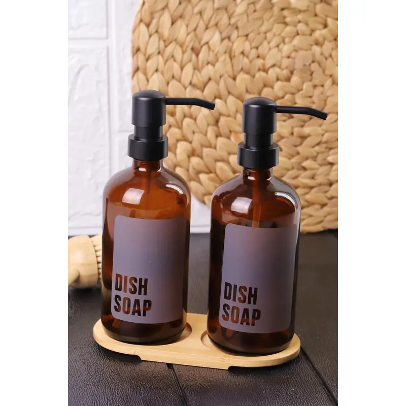 Set Of 2 Amber Glass Liquid Soap Dispensers With Stand And Gray Label