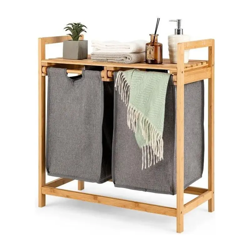 Bamboo Footed Laundry Basket With 2 Compartments (64 X 33 X 73 Cm) - Unassembled