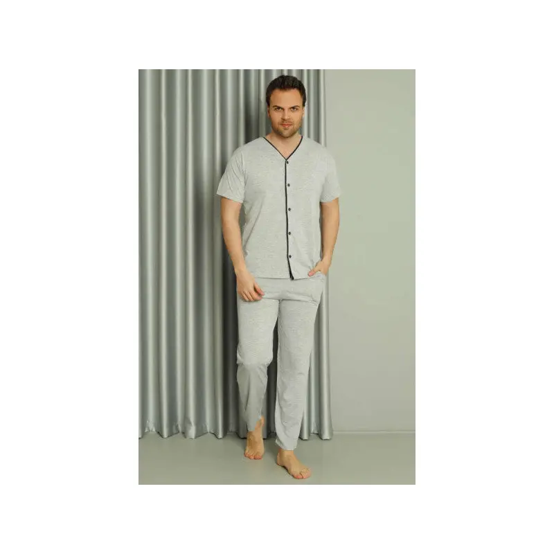 Buttoned Short Sleeve Men's Pajama Set Gray