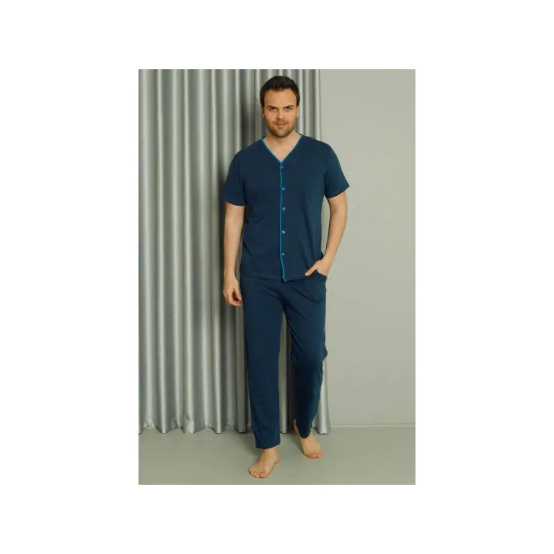 Buttoned Short Sleeve Men's Pajama Set Indigo