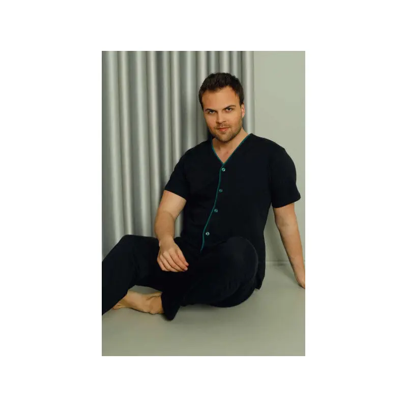 Full-Length Button Short Sleeve Men's Pajama Set Navy Blue