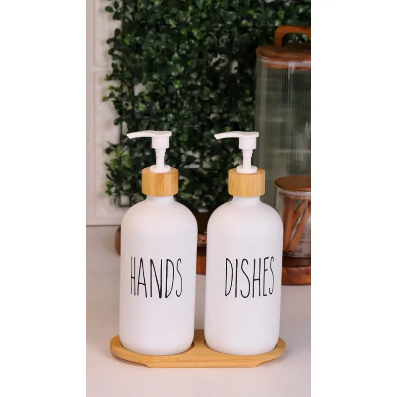 2-Piece White Kitchen Liquid Soap Dispenser Set 500Ml + 500Ml With Bamboo Stand