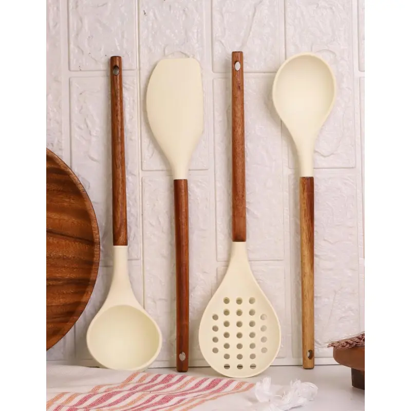 Acacia Handle Silicone Tip 4 Piece Kitchen Serving Set - Meal Preparation Set