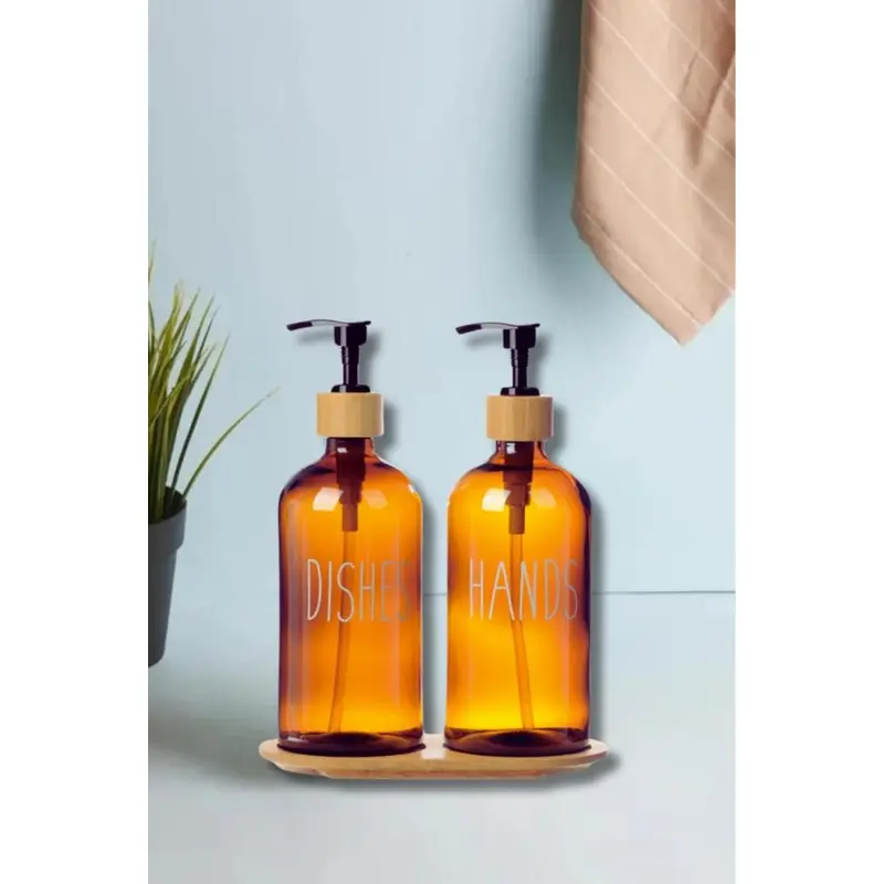 Amber Double Glass Liquid Soap Dispenser Set With Stand