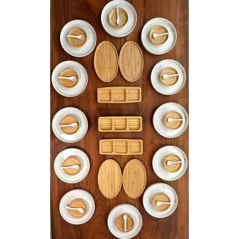 Atbyhome 12 Person 41 Piece Ceramic - Bamboo Breakfast Set - Luxury Breakfast Serving Set