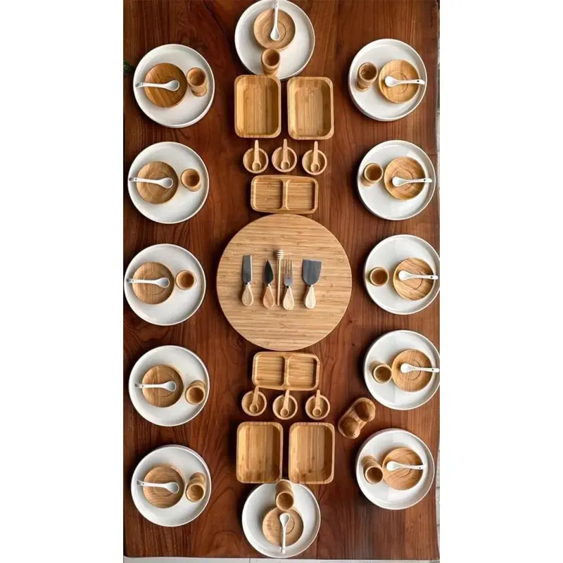 Atbyhome 12 Person 79 Piece Ceramic - Bamboo Breakfast Set - Luxury Breakfast Serving Set