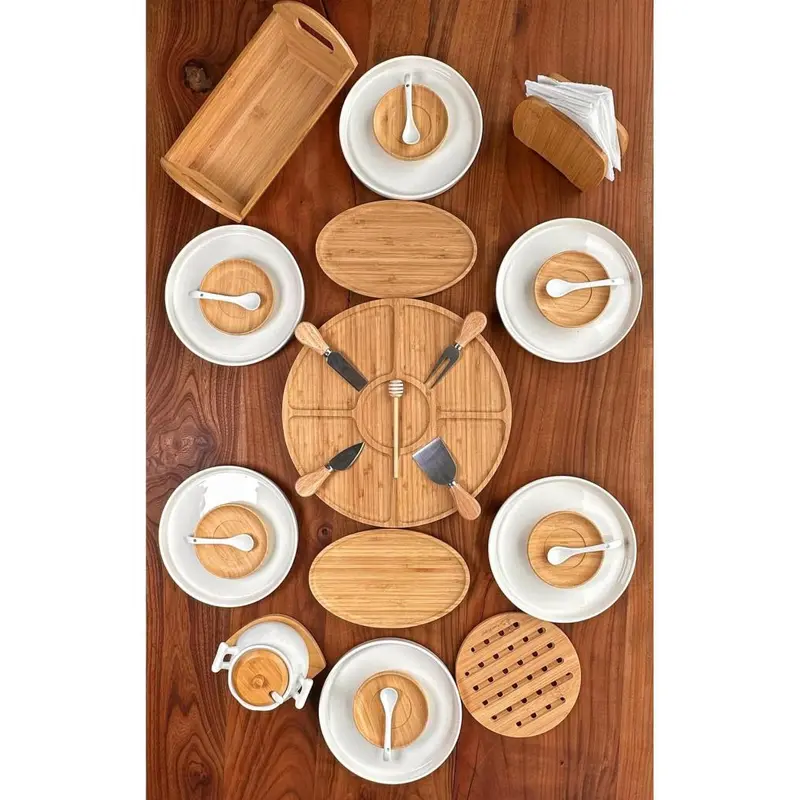 Atbyhome 29 Piece Ceramic Bamboo Breakfast Set For 6 People - Luxury Breakfast Serving Set
