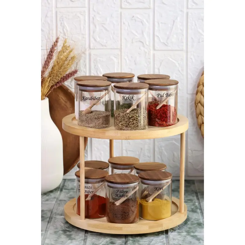 Borosilicate Glass Spice Shaker With Acacia Silicone Lid And Rotating Stand - 250 Ml Spice Set 37 Pieces + Gift Label