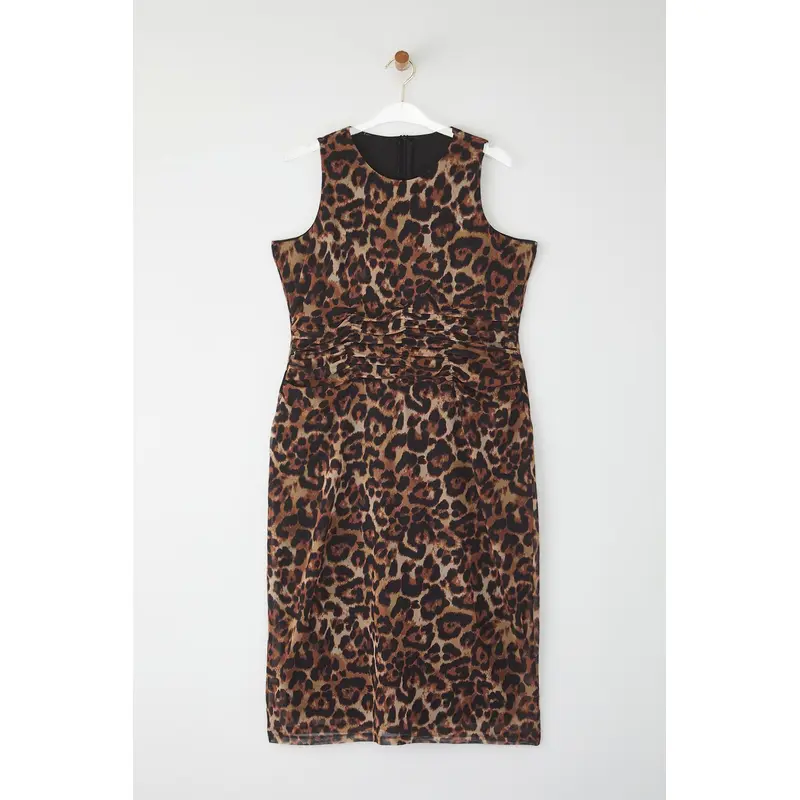Curve Women's Brown Animals Midi Sleeveless Stylish/night Fitted Plus Size Dress