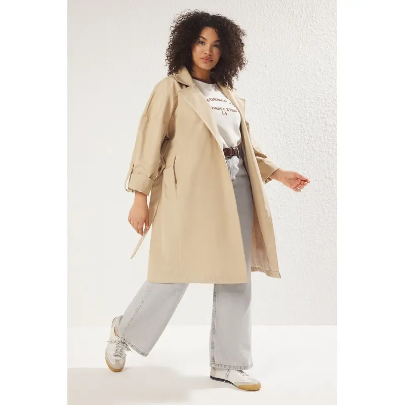 Curve Women's Plain Oversize Plus Size Trench Coat