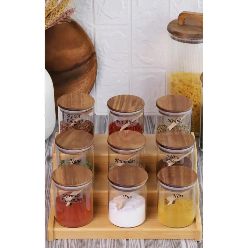 Borosilicate Glass Spice Stand With Acacia Silicone Lid - 250 Ml Spice Set 28 Pieces + Gift Label