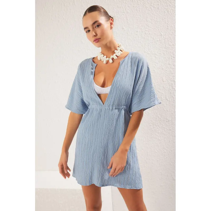 Women's Turquoise Striped Midi Spaghetti Strap Beachwear Fitted Dress