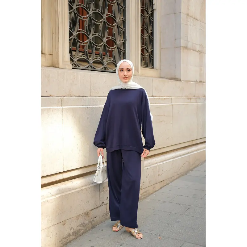 Crew Neck Two-Piece Set - Navy Blue