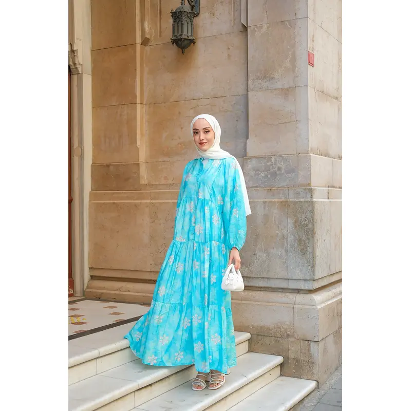 Abstract Floral Patterned Dress  Light Blue