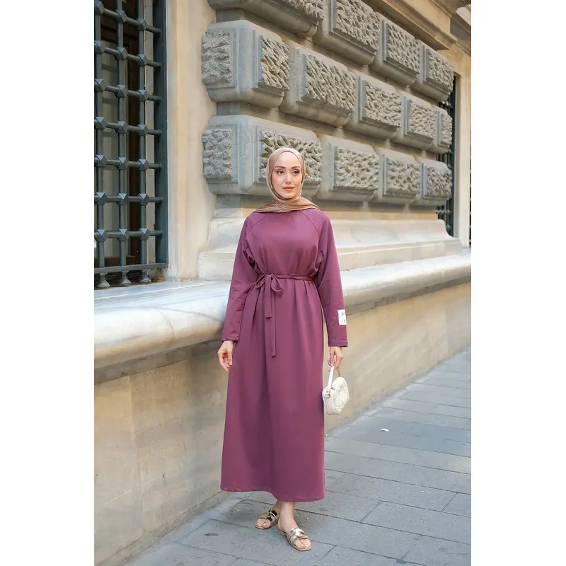 Crew Neck Dress With Sleeve Patch Detail - Burgundy