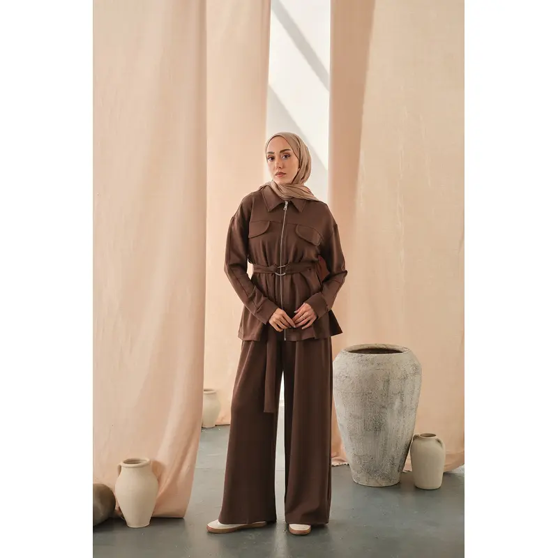 Zipper Detail Waist-Tie Two-Piece Set  Brown