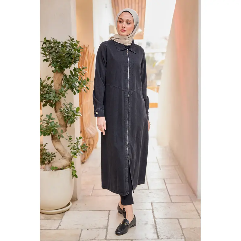 Zippered Midi Length Denim Jacket Black