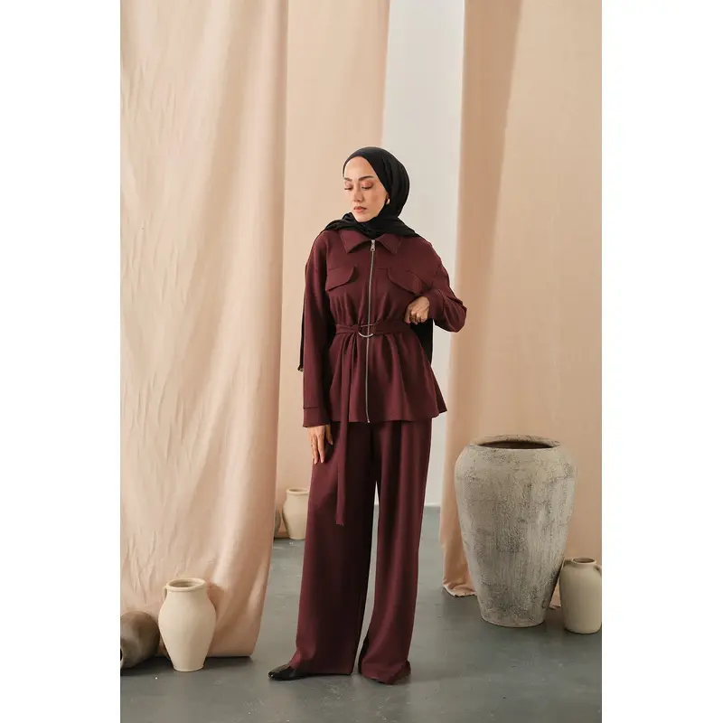 Zipper Detail Waist-Tie Two-Piece Set  Burgundy