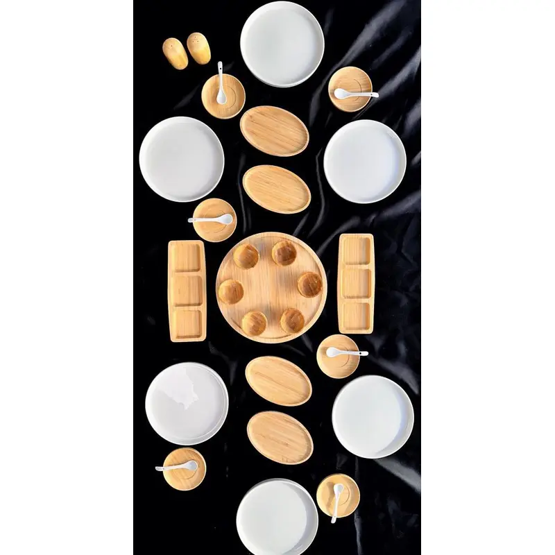 Atbyhome 6 Person 33 Piece Bamboo - Ceramic Breakfast Set - Luxury Breakfast Serving Set