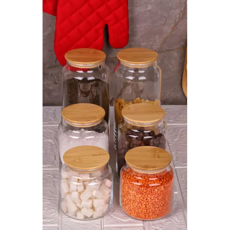 Zone - 6-Pack Glass Storage Container 600Ml-800Ml-1300Ml With Vacuum Bamboo Lid