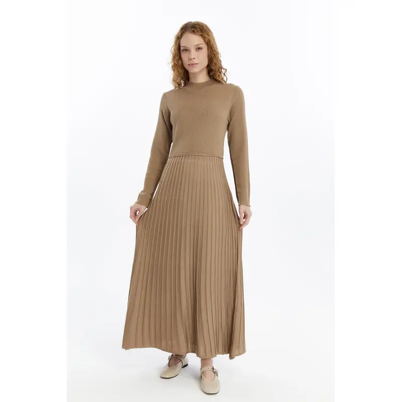 25004 Women's Pleated Skirt, Corduroy, Thin Seasonal Cold Yarn Knitwear Dress, Mink