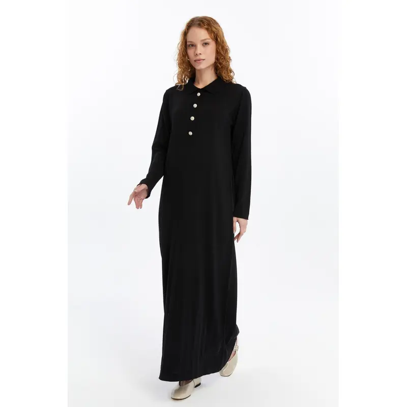 25006 Women's Shirt Collar Detailed Half Placket Thin Seasonal Cold Yarn Knitwear Dress Black