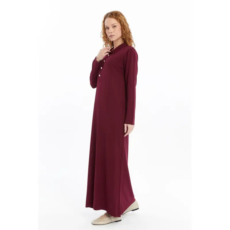 25006 Women's Shirt Collar Detailed Half Placket Thin Seasonal Cold Yarn Knitwear Dress Burgundy