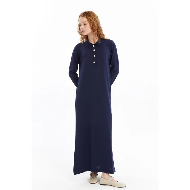 25006 Women's Shirt Collar Detailed Half Placket Thin Seasonal Cold Yarn Knitwear Dress Navy Blue