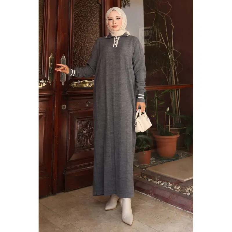 Button Detailed Knit Dress Gray 6153