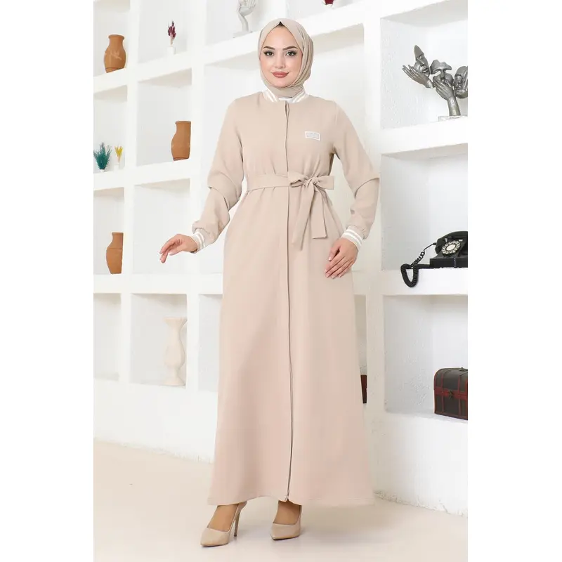 Hidden Buttoned Ribbed Abaya Beige Msw19214-3