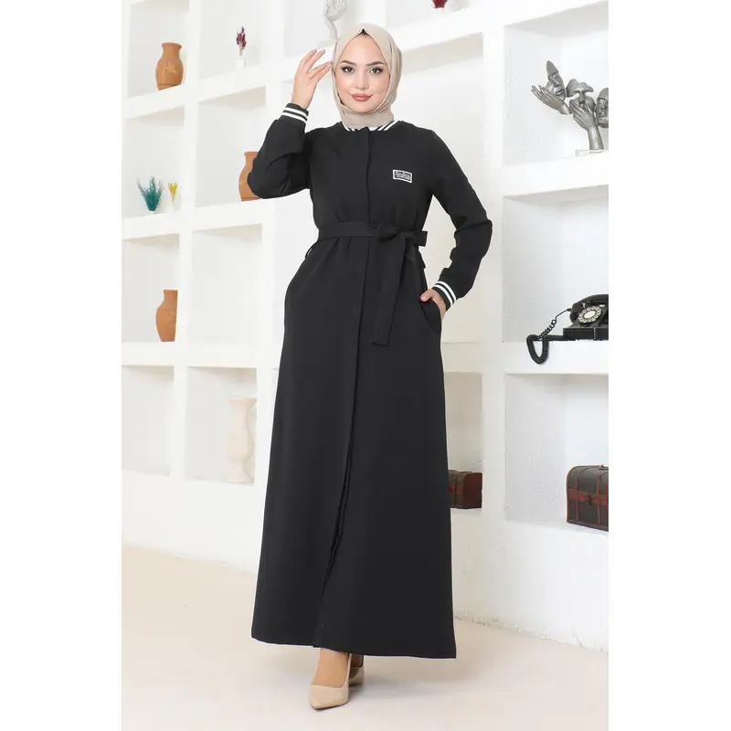 Hidden Buttoned Ribbed Abaya Black Msw19214-1