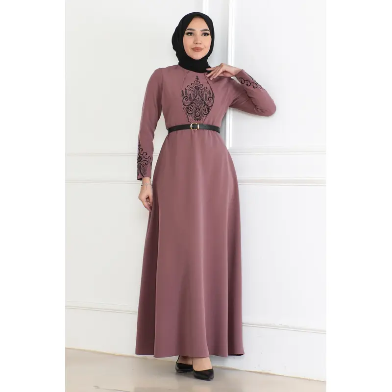 Belt Detailed Dress Dusty Rose 6116