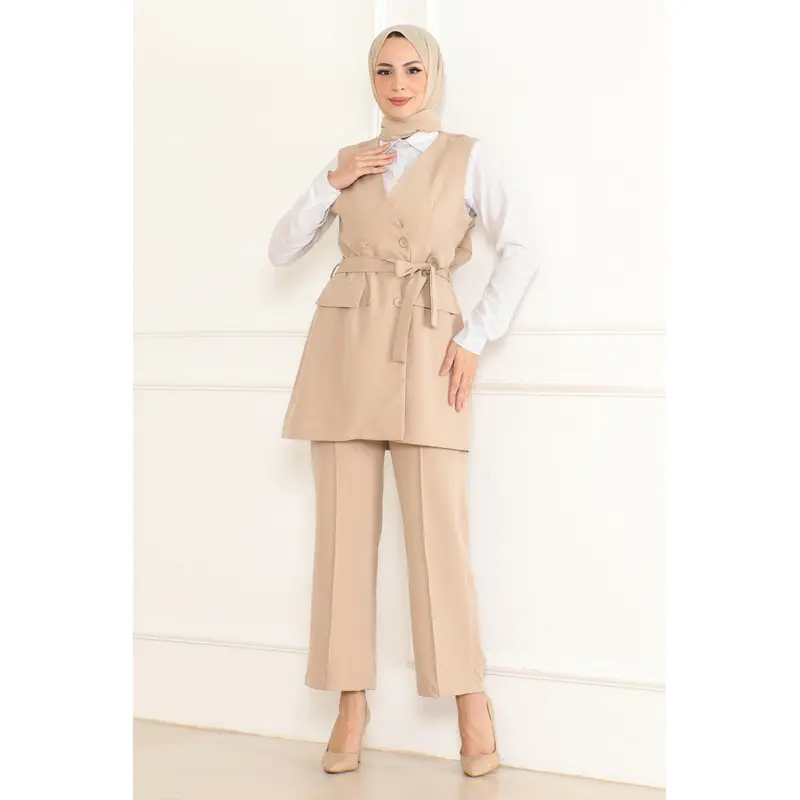 Belt Detailed Two-Piece Suit Beige 19232