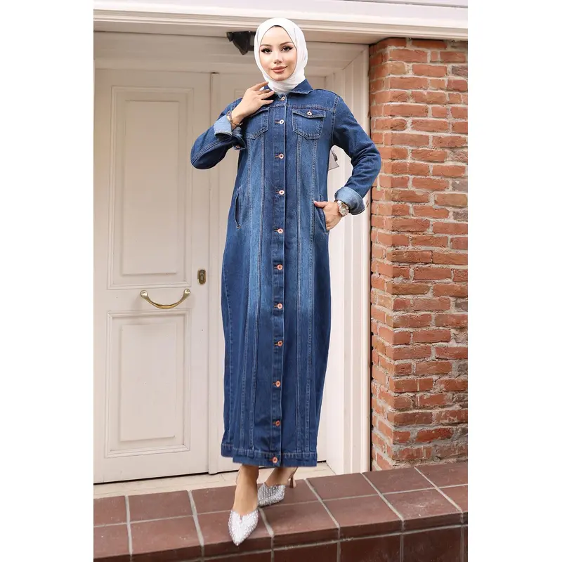 Button Detailed Denim Abaya Dark Blue 6122