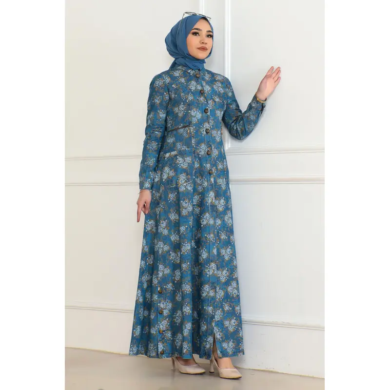 Button Detailed Denim Dress Light Blue 6128