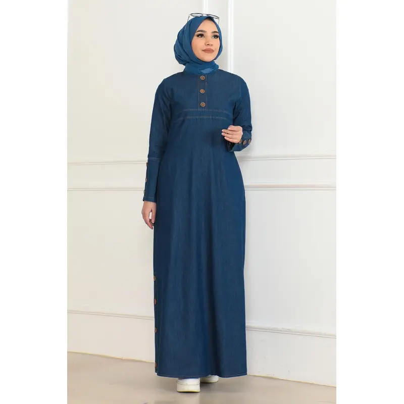 Button Detailed Pocket Denim Dress Dark Blue 19234