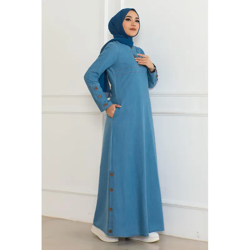 Button Detailed Pocket Denim Dress Light Blue 19234