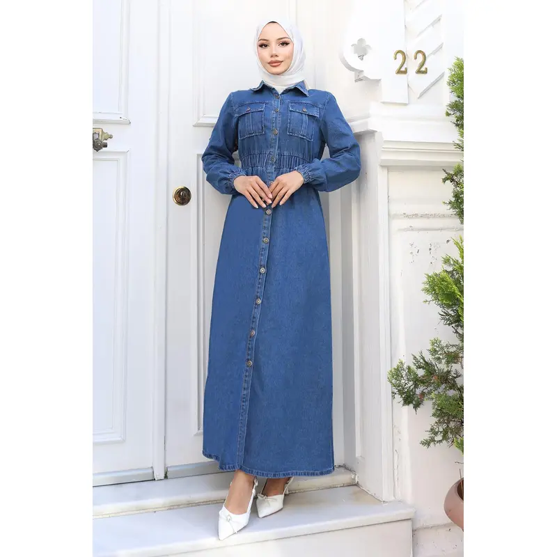 Elastic Waist Denim Abaya Light Blue Msw19228-1