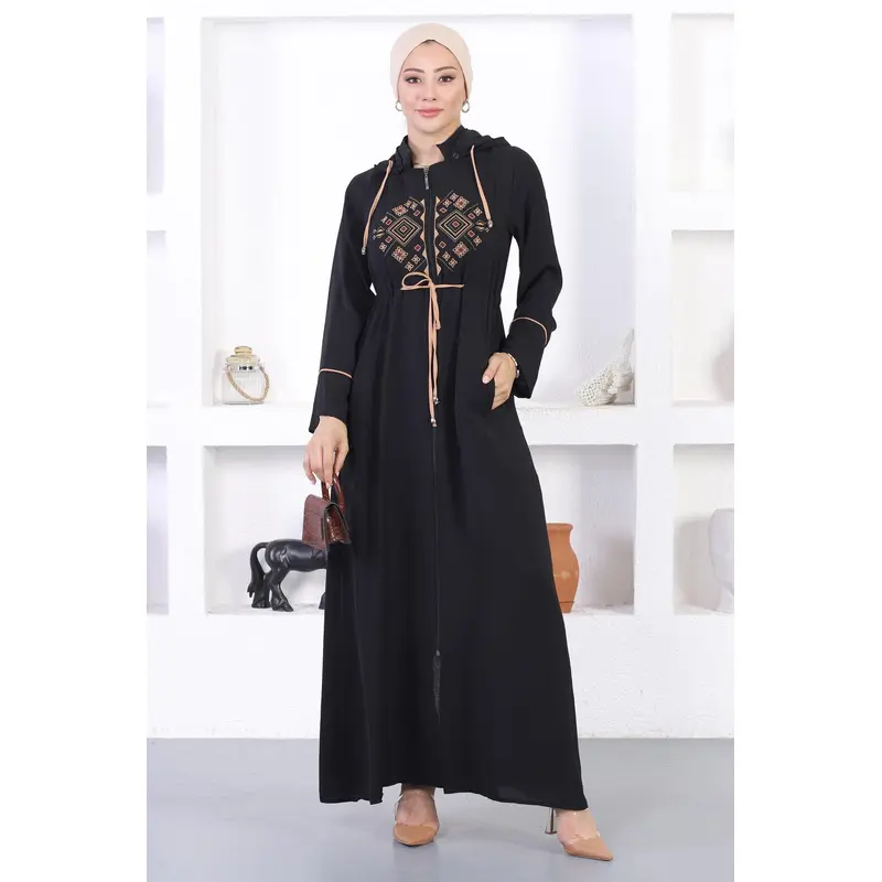 Embroidered Hooded Abaya Tan 12210