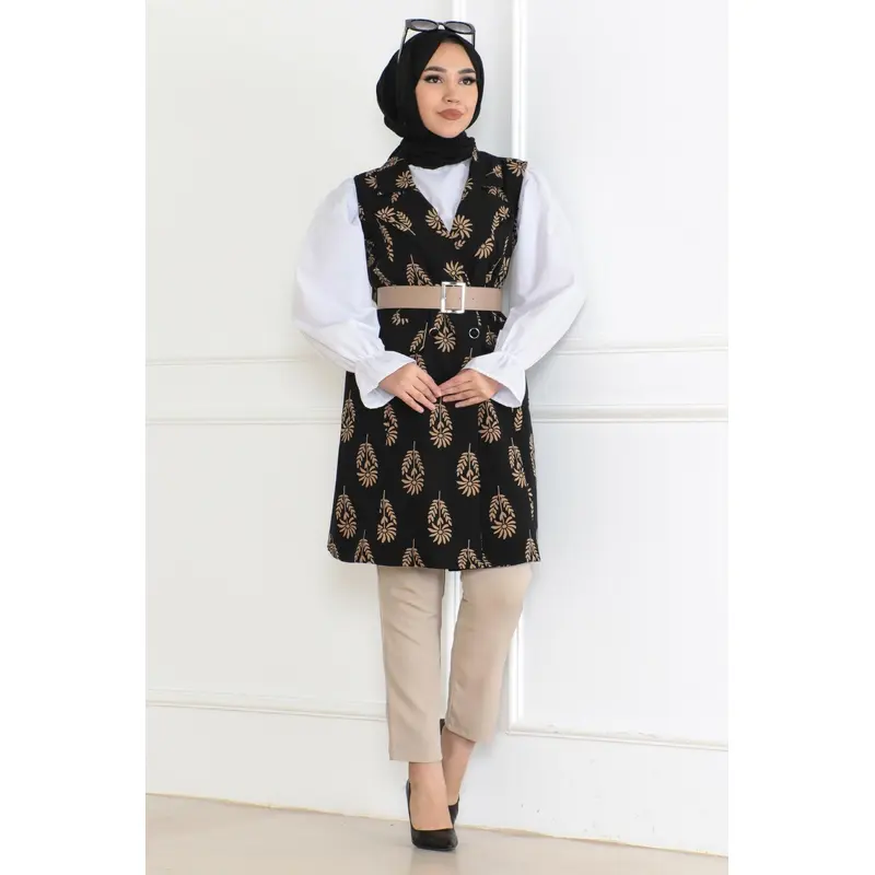 Patterned Hijab Jacket Black 6111